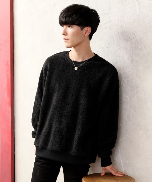 TopIsm（トップイズム）の「ワイドシルエット シャギーボア クルーネックカットソー（スウェット・メンズ・ブラック/ベージュ/グレー/アイボリー/モカ/ワイン/ネイビー/ホワイト/ネイビー系/ライトグリーン/ブルー/ライトパープル/ワインレッド・LL/M/L）」の3枚目の写真
