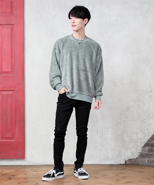 TopIsm（トップイズム）の「ワイドシルエット シャギーボア クルーネックカットソー（スウェット・メンズ・ブラック/ベージュ/グレー/アイボリー/モカ/ワイン/ネイビー/ホワイト/ネイビー系/ライトグリーン/ブルー/ライトパープル/ワインレッド・LL/M/L）」の14枚目の写真