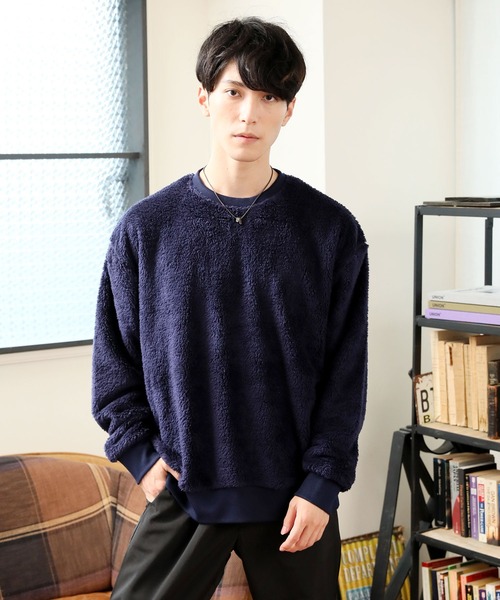 TopIsm（トップイズム）の「ワイドシルエット シャギーボア クルーネックカットソー（スウェット・メンズ・ブラック/ベージュ/グレー/アイボリー/モカ/ワイン/ネイビー/ホワイト/ネイビー系/ライトグリーン/ブルー/ライトパープル/ワインレッド・LL/M/L）」の16枚目の写真