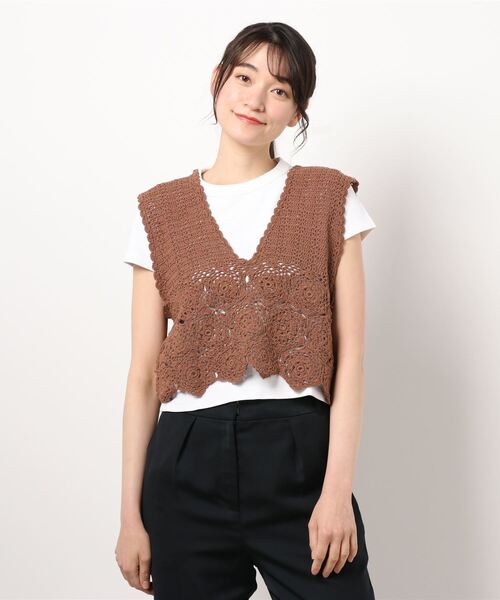 ehka sopo（エヘカソポ）の「かぎ針編みビスチェ（ニット/セーター・レディース・キナリ/ブラウン/グリーン・ﾌﾘ-）」の2枚目の写真