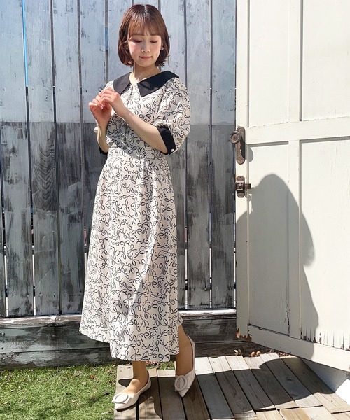 Hamble by Par Avion（ハンブルバイパラビオン）の「リボン柄レトロOP（ワンピース・レディース・オフホワイト/ブラック・ONESIZE）」の5枚目の写真