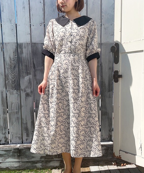 Hamble by Par Avion（ハンブルバイパラビオン）の「リボン柄レトロOP（ワンピース・レディース・オフホワイト/ブラック・ONESIZE）」の6枚目の写真