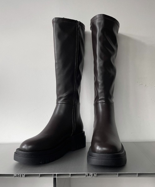 AS KNOW AS PINKY（アズノゥアズピンキー）の「2段ソール風ロングブーツ（ブーツ・レディース・ブラック/ダークブラウン・M/L）」の8枚目の写真