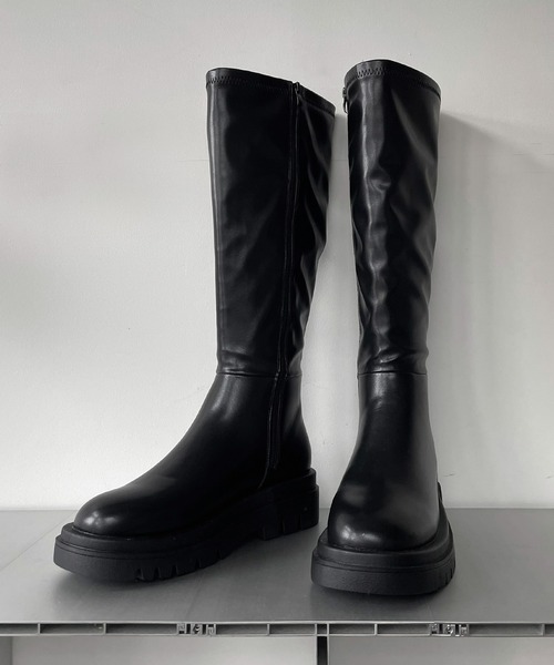 AS KNOW AS PINKY（アズノゥアズピンキー）の「2段ソール風ロングブーツ（ブーツ・レディース・ブラック/ダークブラウン・M/L）」の6枚目の写真