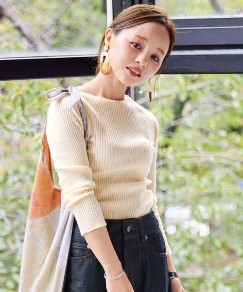 ニット セーター スリットネックリブニットトップス レディース KOEISTORE ニットトップス レディース 長袖 春 夏 春夏 黒 白