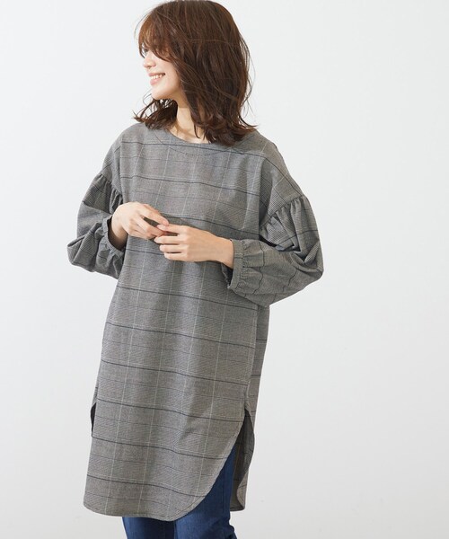 SHOO・LA・RUE(シューラルー)の「◆ジャカードチェック柄ワンピース(ワンピース・レディース・ブラック系1/ダークブラウン系1/ネイビー系1・02/03/04)」の1枚目の写真