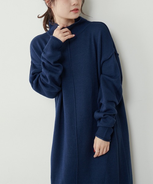 PUAL CE CIN（ピュアルセシン）の「【洗えるニット】ウォッシャブルニットチュニック（ワンピース・レディース・ブラック/ネイビー/レッド/グリーン・FREE）」の3枚目の写真