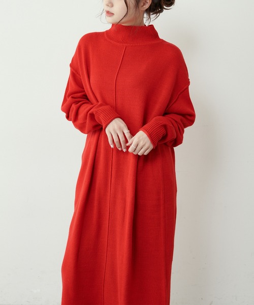 PUAL CE CIN（ピュアルセシン）の「【洗えるニット】ウォッシャブルニットチュニック（ワンピース・レディース・ブラック/ネイビー/レッド/グリーン・FREE）」の4枚目の写真