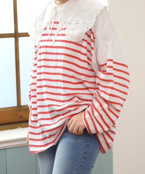 sango(sango)の「天竺パネルボーダールーズロンT(Tシャツ/カットソー・レディース・ネイビー/レッド/イエロー/グリーン・FREE)」の4枚目の写真