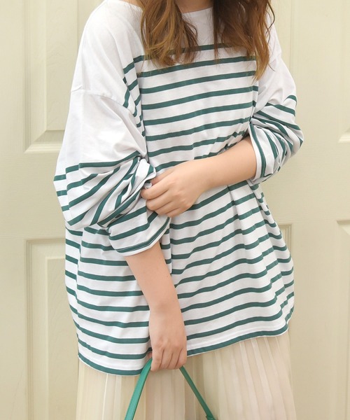 sango(sango)の「天竺パネルボーダールーズロンT(Tシャツ/カットソー・レディース・ネイビー/レッド/イエロー/グリーン・FREE)」の2枚目の写真
