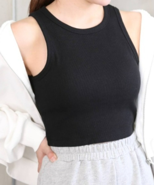 moment+（モーメントプラス）の「綿100％リブ.カップ付きアメスリショートタンク（タンクトップ・レディース・ブラック/ベージュ/オフホワイト/モカ/ナチュラル/ターコイズブルー/オレンジ/クリアグリーン・M）」の3枚目の写真