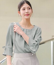 【洗える】リボン付きタックフレア袖ブラウス