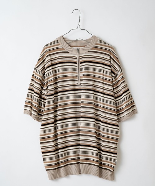 WHIMSIC(ウィムジック)の「【WHIMSIC】マルチボーダーニットTシャツ(Tシャツ/カットソー・メンズ・ベージュ/パープル/ブルー/ブラウン系その他・FREE)」の1枚目の写真