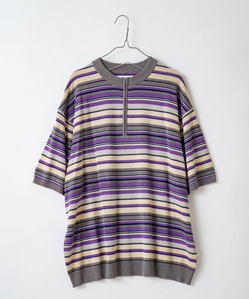 WHIMSIC(ウィムジック)の「【WHIMSIC】マルチボーダーニットTシャツ(Tシャツ/カットソー・メンズ・ベージュ/パープル/ブルー/ブラウン系その他・FREE)」の4枚目の写真