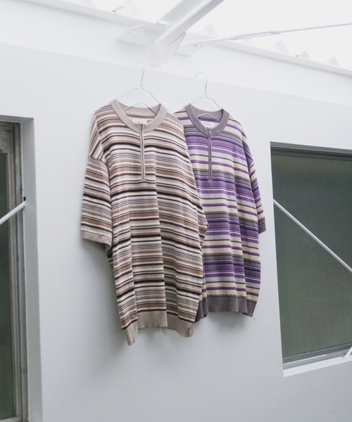 WHIMSIC(ウィムジック)の「【WHIMSIC】マルチボーダーニットTシャツ(Tシャツ/カットソー・メンズ・ベージュ/パープル/ブルー/ブラウン系その他・FREE)」の5枚目の写真
