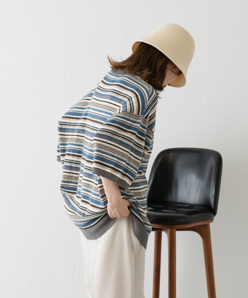 WHIMSIC(ウィムジック)の「【WHIMSIC】マルチボーダーニットTシャツ(Tシャツ/カットソー・メンズ・ベージュ/パープル/ブルー/ブラウン系その他・FREE)」の19枚目の写真
