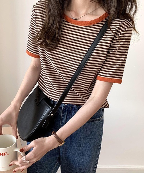 Chaco closet（チャコ クローゼット）の「リブラインボーダーパイピング配色半袖Tシャツ（Tシャツ/カットソー・レディース・ブラック/オレンジ/グリーン・FREE）」の3枚目の写真