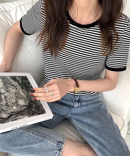 Chaco closet（チャコ クローゼット）の「リブラインボーダーパイピング配色半袖Tシャツ（Tシャツ/カットソー・レディース・ブラック/オレンジ/グリーン・FREE）」の2枚目の写真