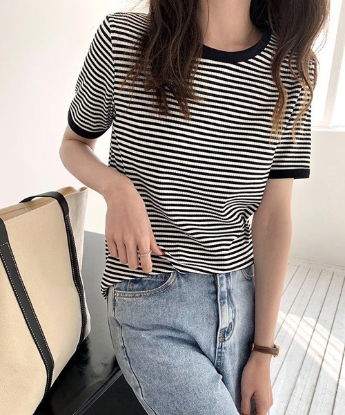 Chaco closet（チャコ クローゼット）の「リブラインボーダーパイピング配色半袖Tシャツ（Tシャツ/カットソー・レディース・ブラック/オレンジ/グリーン・FREE）」の5枚目の写真