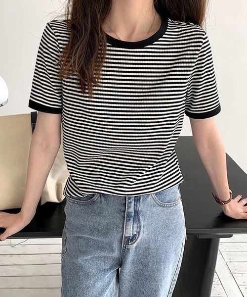 Chaco closet（チャコ クローゼット）の「リブラインボーダーパイピング配色半袖Tシャツ（Tシャツ/カットソー・レディース・ブラック/オレンジ/グリーン・FREE）」の6枚目の写真