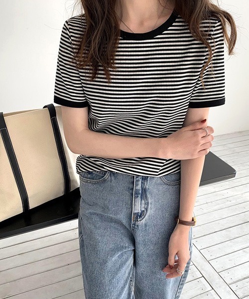 Chaco closet（チャコ クローゼット）の「リブラインボーダーパイピング配色半袖Tシャツ（Tシャツ/カットソー・レディース・ブラック/オレンジ/グリーン・FREE）」の7枚目の写真