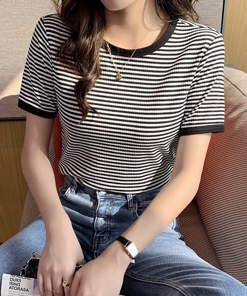 Chaco closet（チャコ クローゼット）の「リブラインボーダーパイピング配色半袖Tシャツ（Tシャツ/カットソー・レディース・ブラック/オレンジ/グリーン・FREE）」の8枚目の写真