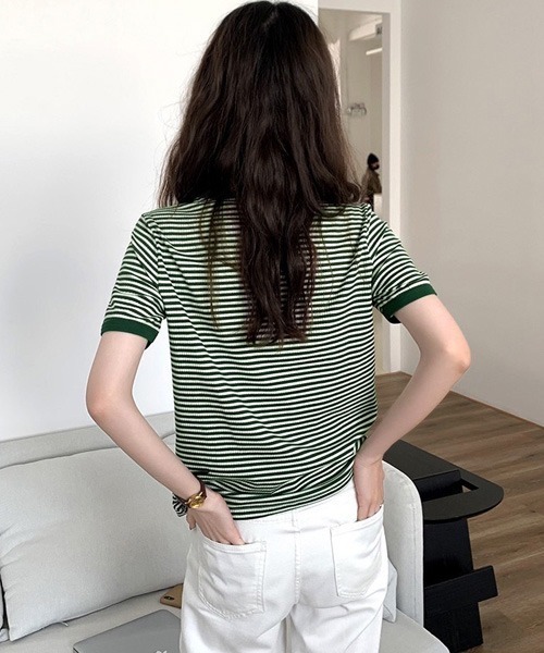 Chaco closet（チャコ クローゼット）の「リブラインボーダーパイピング配色半袖Tシャツ（Tシャツ/カットソー・レディース・ブラック/オレンジ/グリーン・FREE）」の14枚目の写真