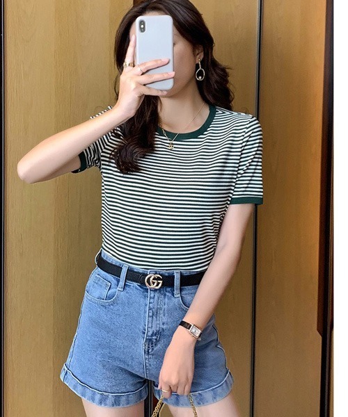 Chaco closet（チャコ クローゼット）の「リブラインボーダーパイピング配色半袖Tシャツ（Tシャツ/カットソー・レディース・ブラック/オレンジ/グリーン・FREE）」の16枚目の写真