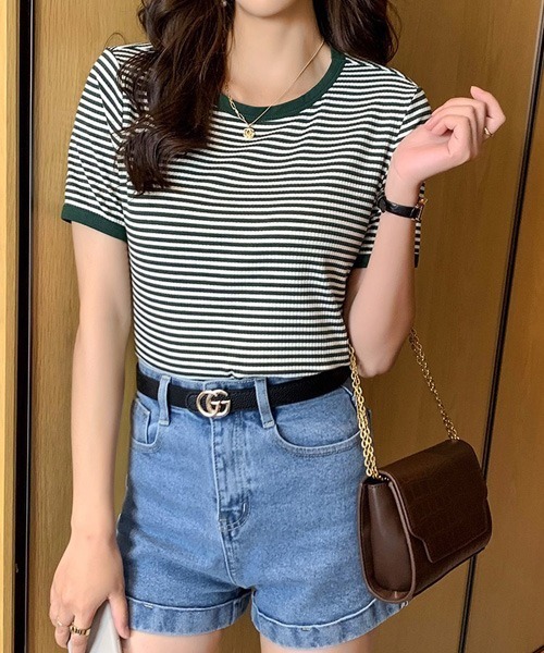 Chaco closet（チャコ クローゼット）の「リブラインボーダーパイピング配色半袖Tシャツ（Tシャツ/カットソー・レディース・ブラック/オレンジ/グリーン・FREE）」の17枚目の写真