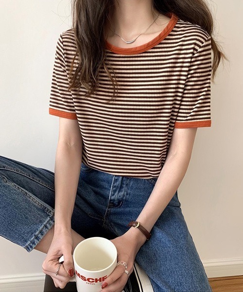 Chaco closet（チャコ クローゼット）の「リブラインボーダーパイピング配色半袖Tシャツ（Tシャツ/カットソー・レディース・ブラック/オレンジ/グリーン・FREE）」の19枚目の写真