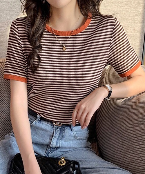 Chaco closet（チャコ クローゼット）の「リブラインボーダーパイピング配色半袖Tシャツ（Tシャツ/カットソー・レディース・ブラック/オレンジ/グリーン・FREE）」の22枚目の写真