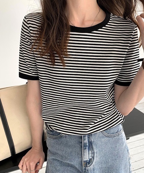 Chaco closet（チャコ クローゼット）の「リブラインボーダーパイピング配色半袖Tシャツ（Tシャツ/カットソー・レディース・ブラック/オレンジ/グリーン・FREE）」の4枚目の写真