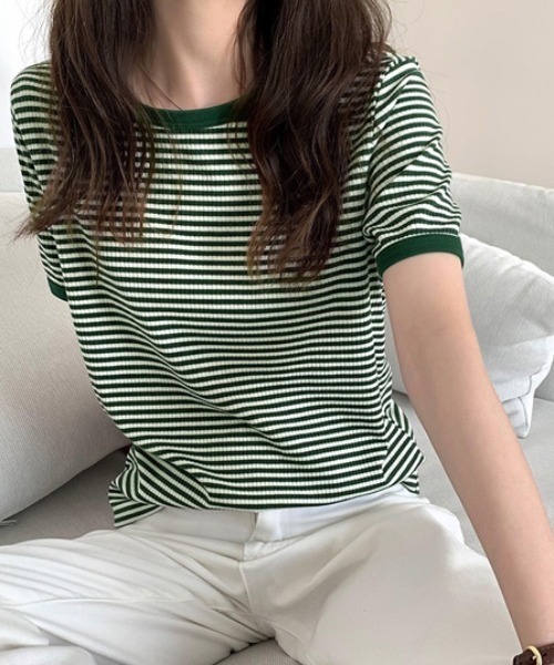 Chaco closet（チャコ クローゼット）の「リブラインボーダーパイピング配色半袖Tシャツ（Tシャツ/カットソー・レディース・ブラック/オレンジ/グリーン・FREE）」の12枚目の写真