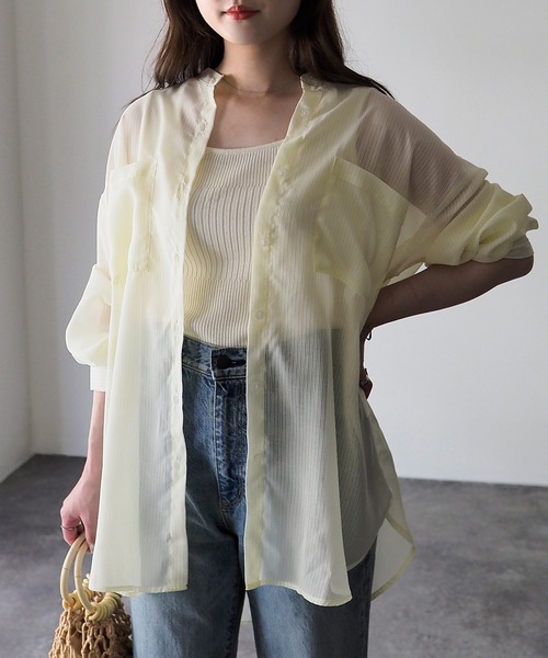 Riberry(リベリー)の「シアーストライプバックオープンシャツ(シャツ/ブラウス・レディース・グリーン/ブルー/パープル/イエロー・FREE)」の13枚目の写真