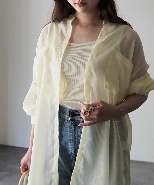 Riberry(リベリー)の「シアーストライプバックオープンシャツ(シャツ/ブラウス・レディース・グリーン/ブルー/パープル/イエロー・FREE)」の14枚目の写真