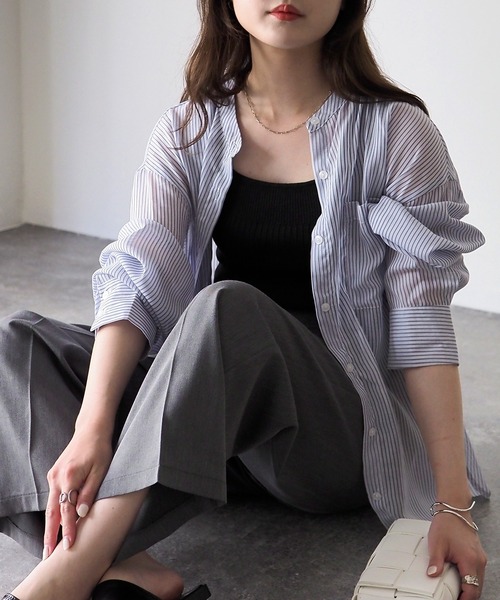 Riberry(リベリー)の「シアーストライプバックオープンシャツ(シャツ/ブラウス・レディース・グリーン/ブルー/パープル/イエロー・FREE)」の5枚目の写真