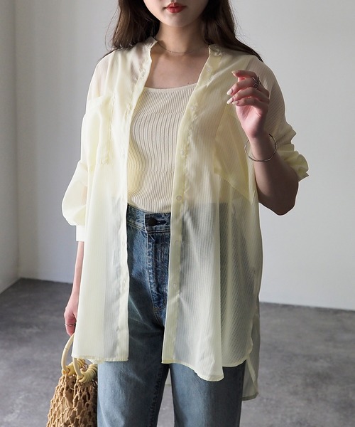 Riberry(リベリー)の「シアーストライプバックオープンシャツ(シャツ/ブラウス・レディース・グリーン/ブルー/パープル/イエロー・FREE)」の15枚目の写真