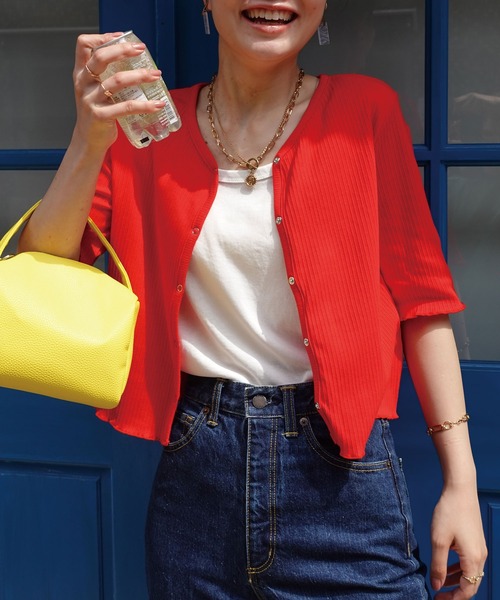 CORNERS（コーナーズ）の「ランダムリブカーディガン（Tシャツ/カットソー・レディース・オフホワイト/ブラック/グリーン/イエロー/レッド・M）」の5枚目の写真