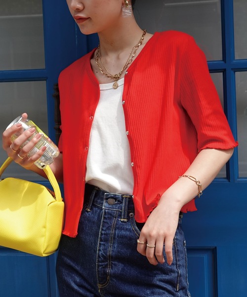 CORNERS（コーナーズ）の「ランダムリブカーディガン（Tシャツ/カットソー・レディース・オフホワイト/ブラック/グリーン/イエロー/レッド・M）」の6枚目の写真