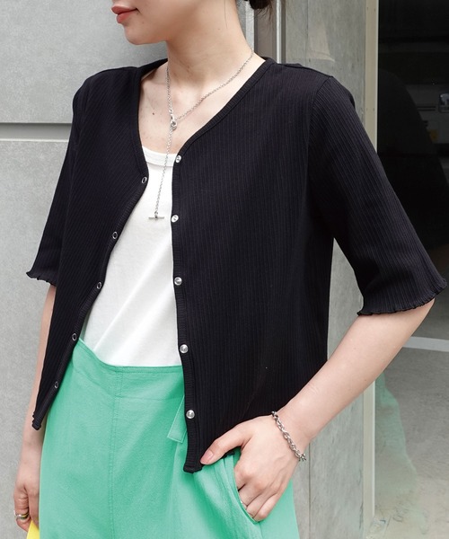 CORNERS（コーナーズ）の「ランダムリブカーディガン（Tシャツ/カットソー・レディース・オフホワイト/ブラック/グリーン/イエロー/レッド・M）」の7枚目の写真