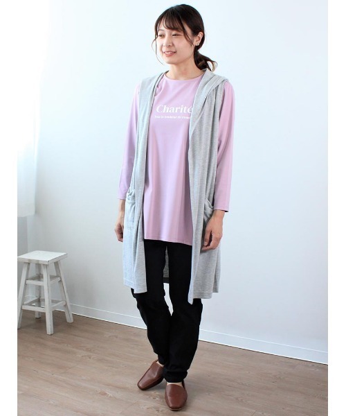 MB mint breeze（エムビーミントブリーズ）の「【M～5L 大きいサイズ】フード付き ロング ジレ ベスト（Tシャツ/カットソー・レディース・ライトグレー/ネイビー/オレンジ・M/LL/3L/4L/5L/L）」の16枚目の写真