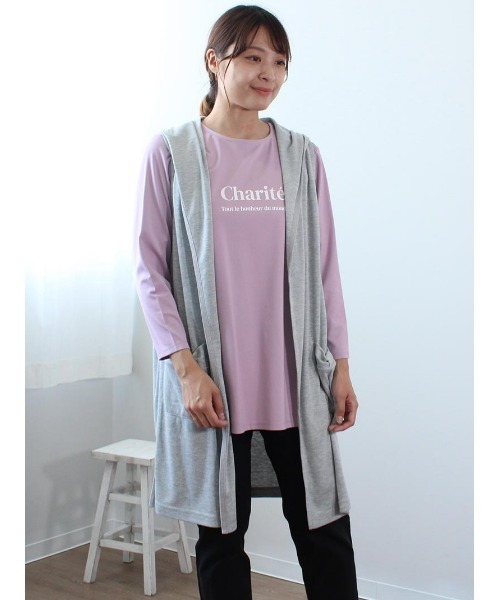 MB mint breeze（エムビーミントブリーズ）の「【M～5L 大きいサイズ】フード付き ロング ジレ ベスト（Tシャツ/カットソー・レディース・ライトグレー/ネイビー/オレンジ・M/LL/3L/4L/5L/L）」の8枚目の写真