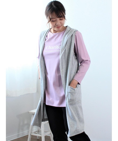 MB mint breeze（エムビーミントブリーズ）の「【M～5L 大きいサイズ】フード付き ロング ジレ ベスト（Tシャツ/カットソー・レディース・ライトグレー/ネイビー/オレンジ・M/LL/3L/4L/5L/L）」の12枚目の写真