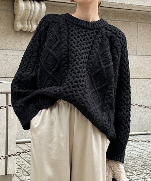 select MOCA by son(セレクトモカバイソン)の「【9色展開】ヴィンテージライクケーブルニット(ニット/セーター・レディース・アイボリー/ブラック/ベージュ/グリーン/テラコッタ/カーキ/ネイビー/ブラウン/グレー・FREE/LARGE)」の14枚目の写真