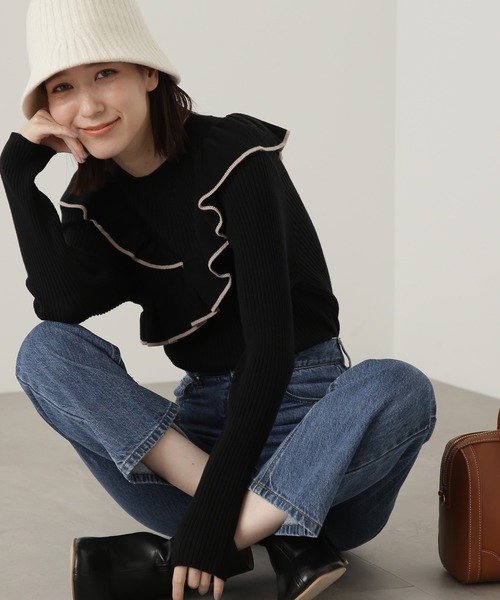 N.（N. Natural Beauty Basic）（エヌエヌナチュラルビューティーベーシック）の「◆クロスフリルニット（ニット/セーター・レディース・オフホワイト/ブルー/ブラック系その他・MEDIUM）」の3枚目の写真