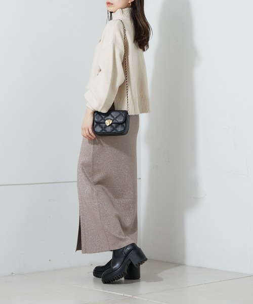 スタイリング styling/ ラメニットロングスカート　シルバー ESICA/エシカ][SET]箔プリントロング丈ニット+ラメニットタイト