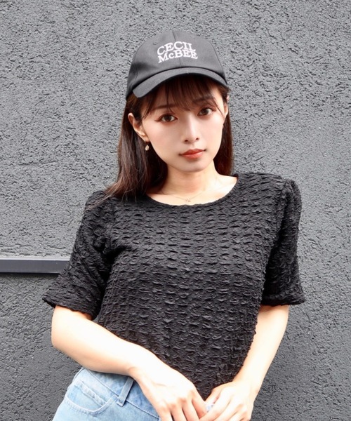 CECIL McBEE(セシルマクビー)の「ふくれジャガードパフスリーブトップス(Tシャツ/カットソー・レディース・アイボリー/ブラック/ミント・FREE)」の2枚目の写真