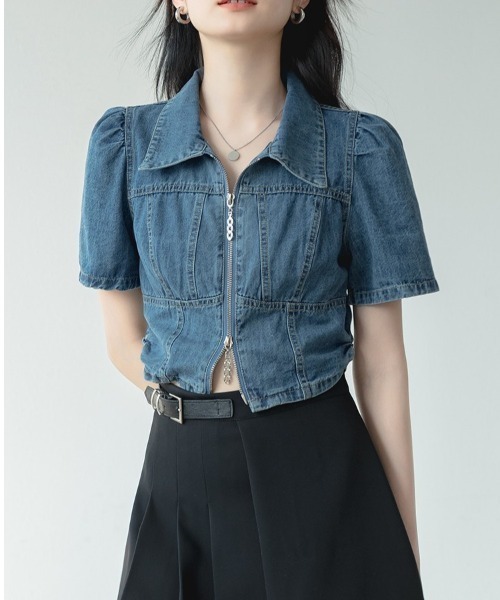 Achic(アシック)の「デニム素材前ファスナー開けトップス(シャツ/ブラウス・レディース・ブルー・M)」の4枚目の写真