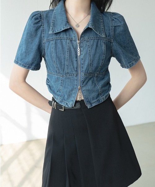 Achic(アシック)の「デニム素材前ファスナー開けトップス(シャツ/ブラウス・レディース・ブルー・M)」の6枚目の写真