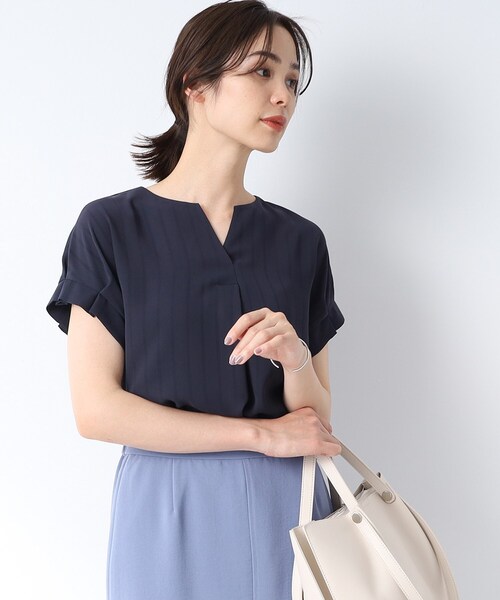 【1枚で映える！/洗える/接触冷感/吸水速乾】ストライプ袖コンブラウス